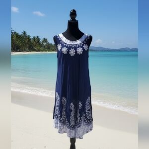 Navy Floral Embroidered,beaded Midi Dress Onesize Fits All. Cruise Ready. Vacay